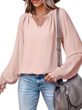 [🟡 Bundle 10 items for $25] 
Women's V-Neck Long Sleeve Blouse in Blush